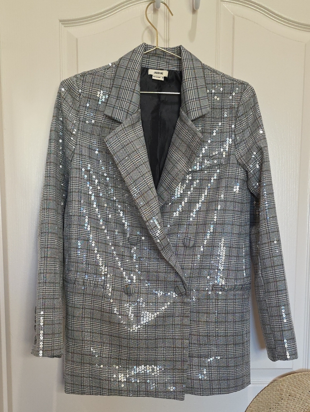Jason Wu Silver-Sequined Gray Black White Plaid Sparkle  Blazer Size XS Relaxed